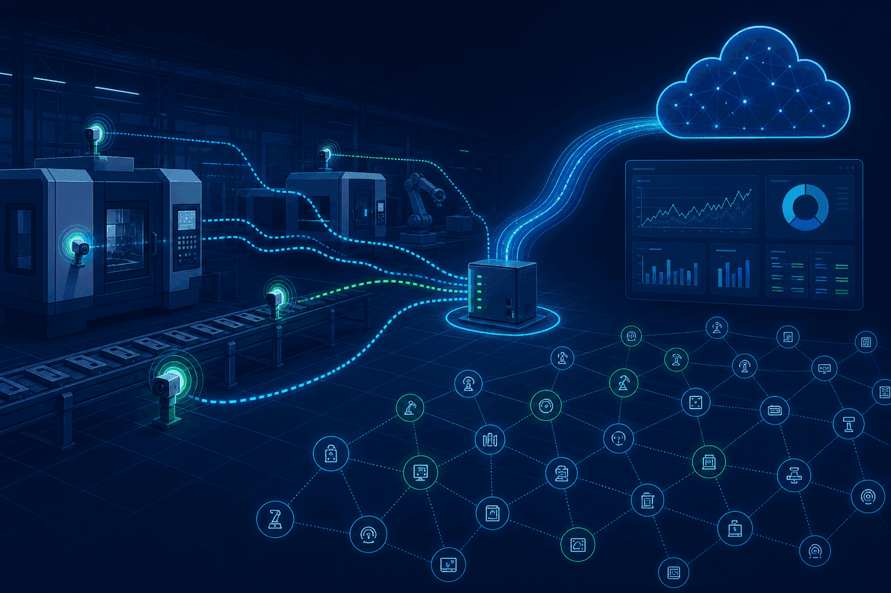 Промышленный IoT: датчики на оборудовании, поток данных через edge-шлюз в облачную аналитику